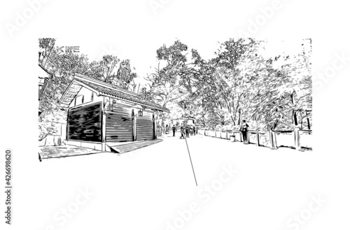 Building view with landmark of Dujiangyan is the city of China. Hand drawn sketch illustration in vector.
