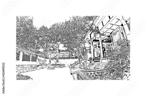 Building view with landmark of Dujiangyan is the city of China. Hand drawn sketch illustration in vector.