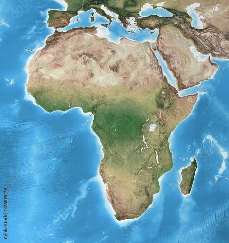 Physical map of Africa  with high resolution details. Flattened satellite view of Planet Earth  its geography and topography. 3D illustration - Elements of this image furnished by NASA