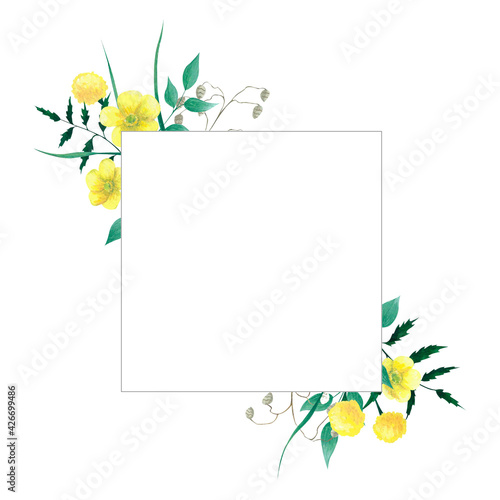 Watercolor square frame with wild flowers and herbs