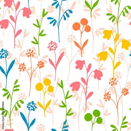 Simple gentle calm floral vector seamless pattern. Small multicolored wildflowers on a white background. For prints of fabric, textile products, stationery, clothing. Seasonal spring summer design.