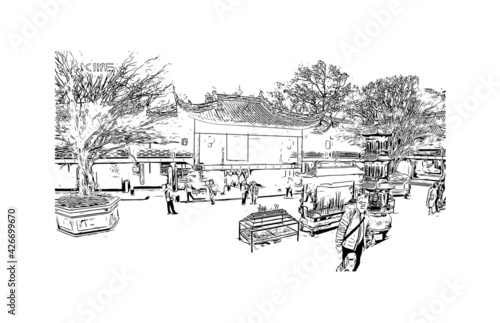 Building view with landmark of Dujiangyan is the city of China. Hand drawn sketch illustration in vector.