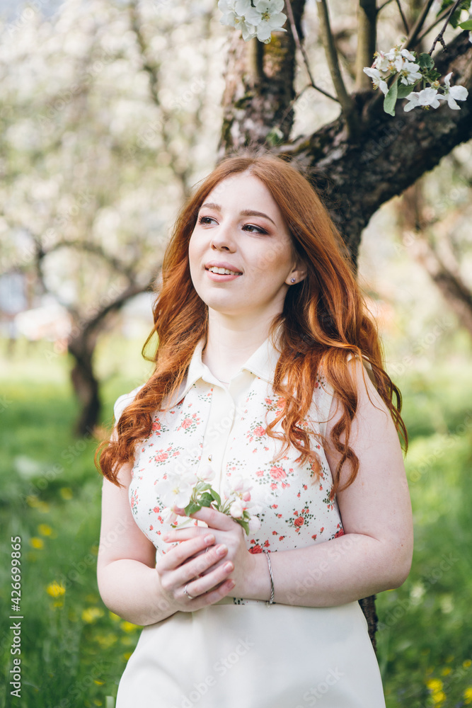 Red-haired girl walks in a spring blooming apple orchard Red-haired girl walks in a spring blooming apple orchard