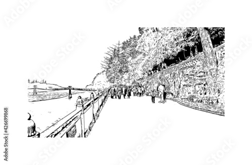 Building view with landmark of Dujiangyan is the city of China. Hand drawn sketch illustration in vector.