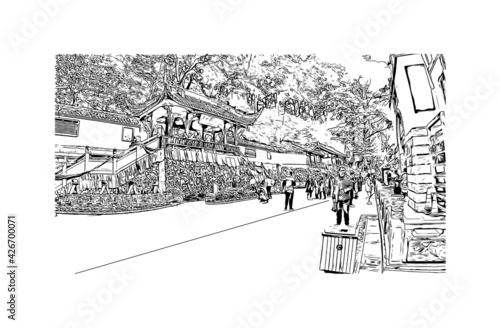 Building view with landmark of Dujiangyan is the city of China. Hand drawn sketch illustration in vector.