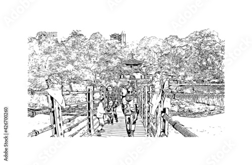 Building view with landmark of Dujiangyan is the city of China. Hand drawn sketch illustration in vector.