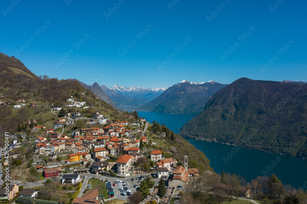 Aerial view of Lugano lake and the Monte Brè village in Canton Ticino in southern Switzerland