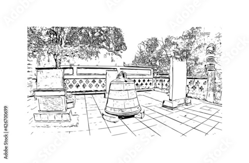 Building view with landmark of Dujiangyan is the city of China. Hand drawn sketch illustration in vector.