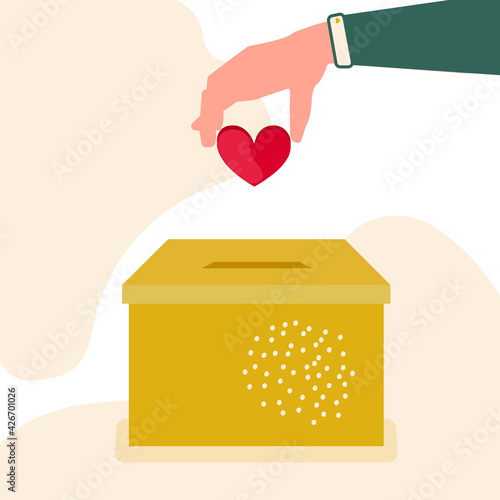 Donation box. Charitable foundation. Helping those in need. Give your love. Share the good. Heart and hand. Trending colors 2021. Vector graphics.