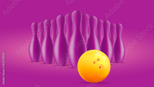 Bowling ball and pin set, monochrome violet skittles on same background with yellow ball, 3d illustration of pin set