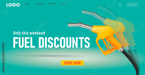 Fuel discounts web banner for gas station landing page with illustration of yellow gas gun in motion blur on turquoise backdrop