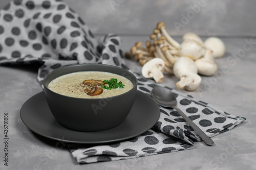 Cream soup with mushrooms champignon and potato in blackbowl, isolated on gray stone wall,