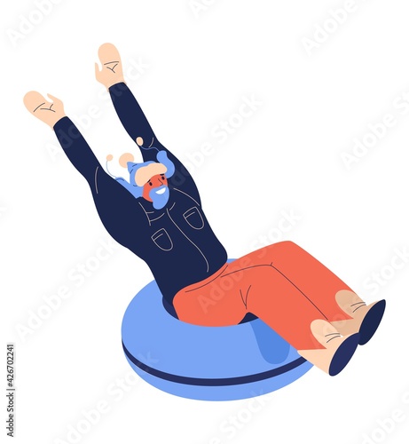 Bearded man riding snow tubing donut isolated on white. Vector character happy with raised hands