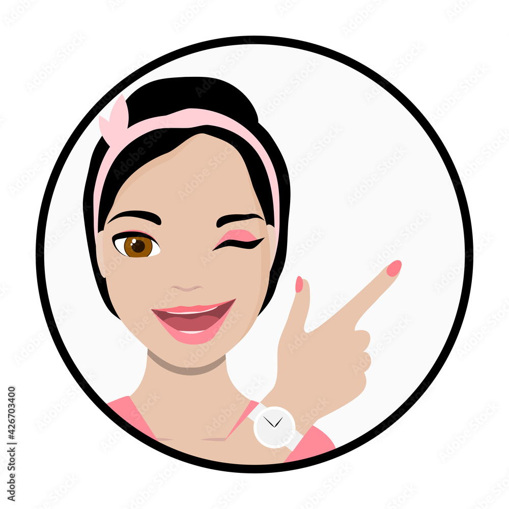 Wow! Cartoon friendly brunette woman winks and shows with index finger, smiling girl indicates something important. Wow! Cartoon friendly brunette woman winks and shows with index finger, smiling girl indicates something important.