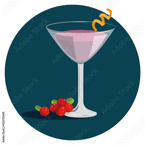 Glass of Cosmopolitan cocktail, cranberries and orange peel on dark background vector illustration