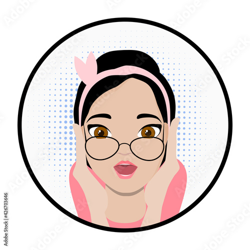 Oh! Cartoon friendly brunette woman wearing glasses opened her mouth in surprise and opened her eyes wide, girl surprised and amazed.