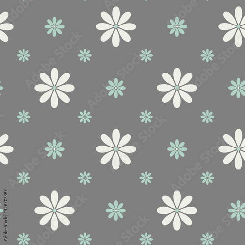 Seamless cute floral vector background. Floral pattern on a gray background turquoise and white delicate flowers. For wallpaper  dressing  plaid  towel  covers  wrapping paper  clothes  bags  print
