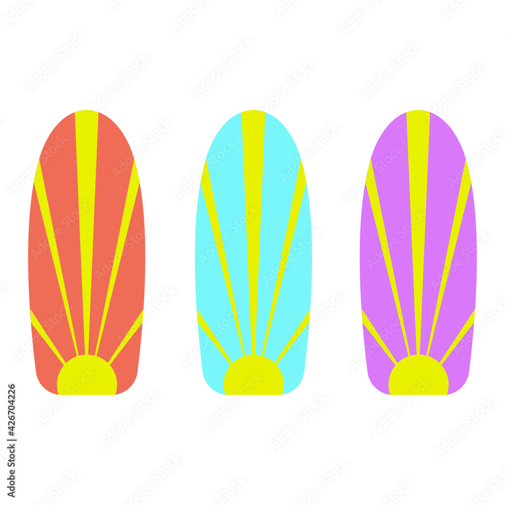 set of 3 surfboards in different colors orange, blue and purple with yellow sun on a white background