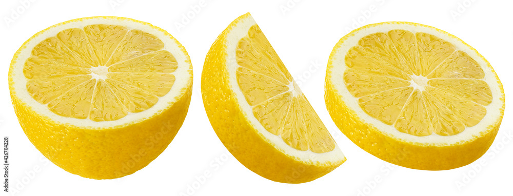 Halfs and slice of lemon isolated on white background, collection