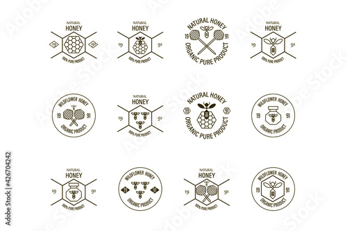 Packaging design template for honey. Vintage style label. A set of stickers for honey products. Vector image of bees, honeycomb, honey jars, honey spoons, bee swarm.
