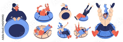 Vector characters set with people and pet riding snow tubing donuts. Happy characters with raised hands smiling and happy while racing