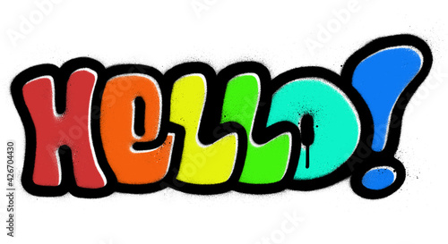 graffiti hello bubble word sprayed in rainbow color over white