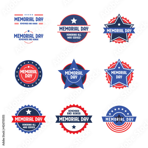 Memorial day badge collection. United States of America patriotic day emblem design. Red white and blue american symbol.