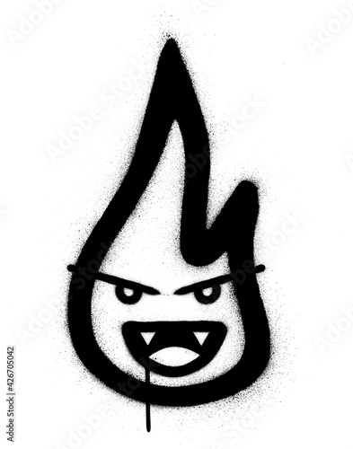 graffiti evil flame character sprayed in black over white