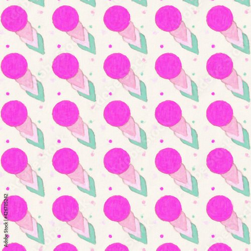 Abstract simple shapes pattern with brush strokes futuristic art print. digitally generated image. circle and triangle shapes in pink , green and purple colors. 