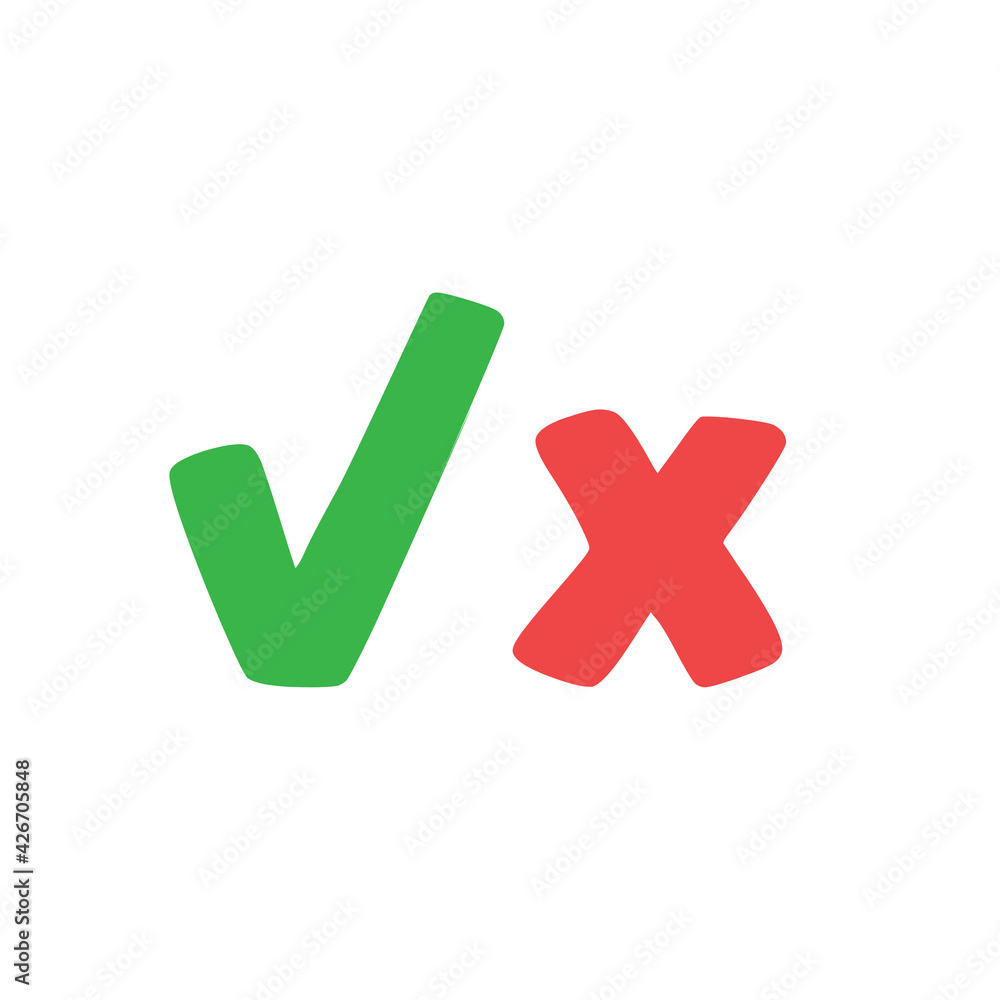 Check marks hand drawn style. Green Tick and red x. Approval vote symbols. Check marks hand drawn style. Green Tick and red x. Approval vote symbols.