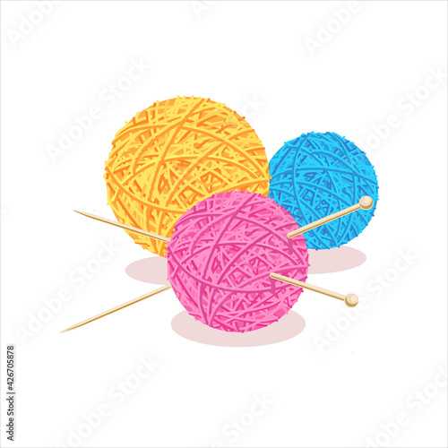 Yarn. Three balls, a skein of wool with knitting needles. Knitting, needlework, crochet, hand knitting tools. Vector illustration isolated on white background.