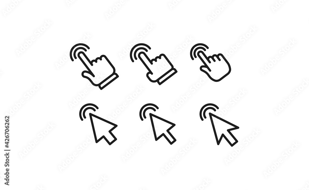 Arrow and hands click icons. Pointer vectors clicking. Arrow and hands click icons. Pointer vectors clicking.