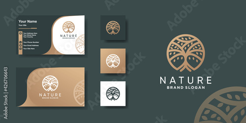 Tree logo with modern unique concept and business card design Premium Vector