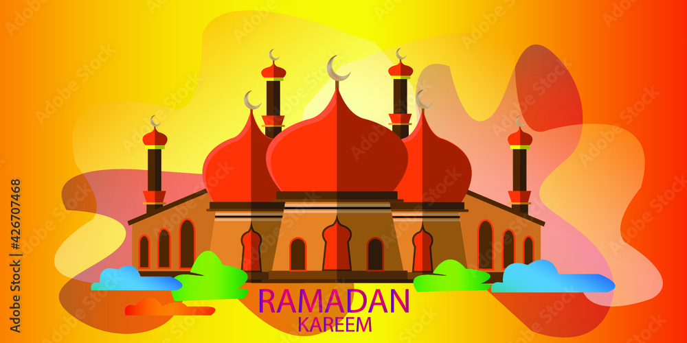 Ramadan kareem mosque, kids doodle illustration islamic greeting card, banner, poster vector illustration background.	
