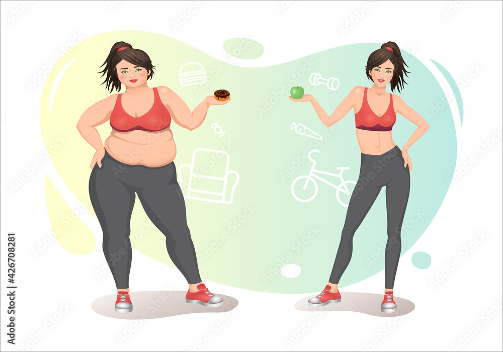 Fat and slender woman with food. Weight loss concept. Fat girl and lost weight thin, diet or fitness sport exercise. Character lady overweight and with athletic figure Fat and slender woman with food. Weight loss concept. Fat girl and lost weight thin, diet or fitness sport exercise. Character lady overweight and with athletic figure