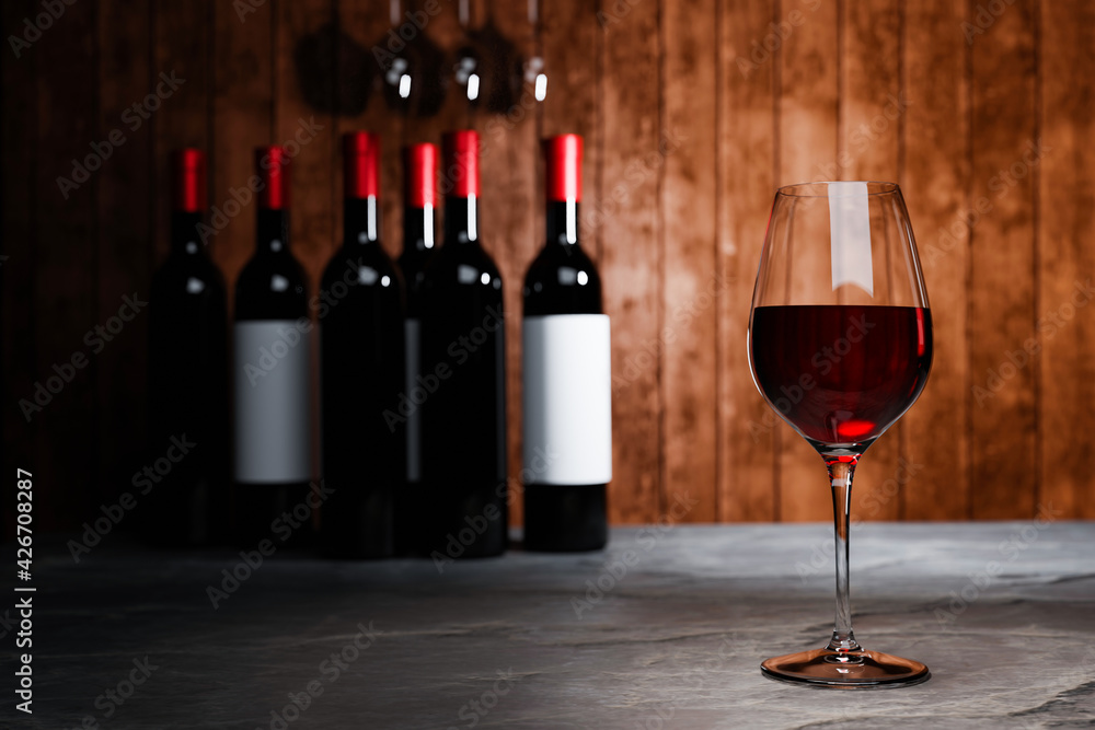 Red wine in clear glass, many blurred wine bottle backgrounds Place it on a cement floor with a wooden board wall. The cellar Tasting production concept.3D Rendering