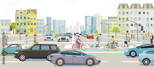 Straßenverkehr mit Menschen auf dem Zebrastreifen, Illustration