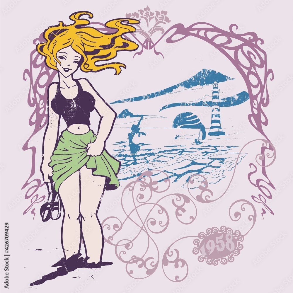 Pin up with blonde on the beach with the wavy ocean and a lighthouse in a floral frame in the background