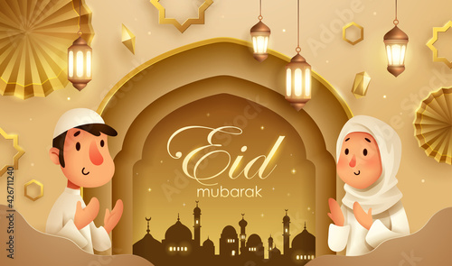 Eid Mubarak golden Islamic festival background with Muslim prayer at Mosque window and islamic decorations.