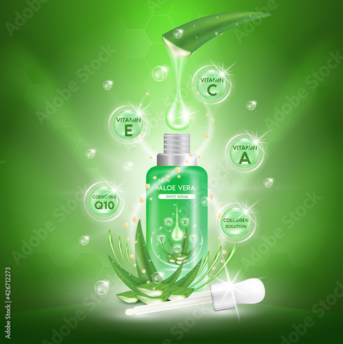 Aloe vera plant with fresh drops and dropper glass bottle. Collagen and vitamin serum. Skin care, Beauty cosmetics product ads poster design. Realistic 3d vector illustration