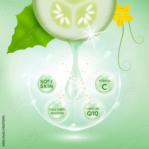 Cucumber white body serum, Extract Collagen and Vitamin. Cucumber skin care cream. Vector EPS10.