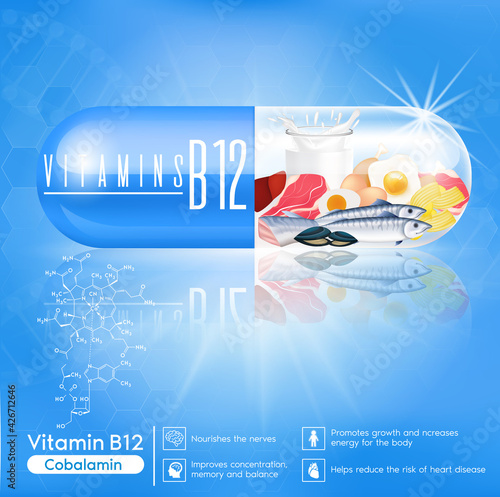 Capsules of blue vitamin B12, Fish and meat Nourishes the nerves and Improves concentration, memory and balance. Meds for health ads. 3D vector EPS10