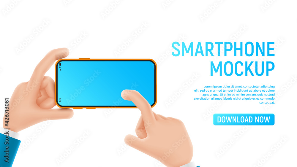 Mockup with cartoon hands and smartphone. Template of smart phone with blank display in cartoon hands isolated on white background. Vector illustration mobile device concept.

