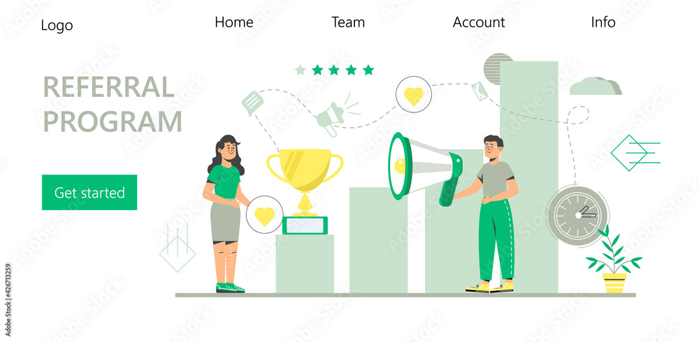 Referral program vector. Refer a friend illustration of appeal concept, man loudly shout on megaphone with refer a friend word, it can use for landing page, template, UI Referral program vector. Refer a friend illustration of appeal concept, man loudly shout on megaphone with refer a friend word, it can use for landing page, template, UI