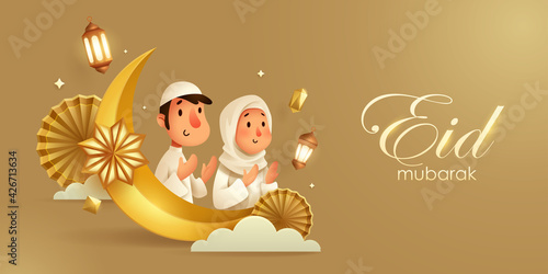 3D illustration of Eid Mubarak golden Islamic festival background with Muslim prayer, crescent moon and islamic decorations.
