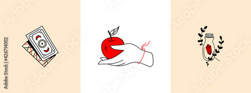 Set of linear magic symbols, logos, female hand, objects, tarot card divination, potions. Logo for womens business, witches. Hand holds an apple, stylized bottle with a magic stone magic card