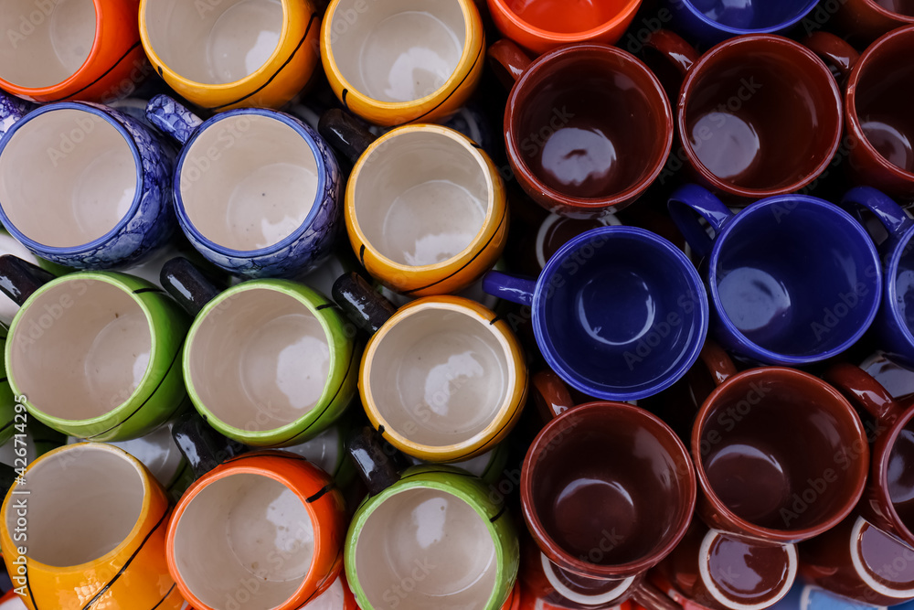 Colorful Ceramics Cup and saucers on display. Colorful Ceramics Cup and saucers on display.