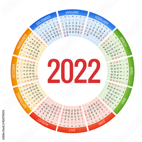 Round Calendar Planner for 2022. Calendar template for 2022. Stationery Design Print Template with Place for Photo, Your Logo and Text. Corporate and business calendar.