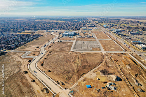 Drone photography of a large residential neighborhood and new business construction site in Eagle, Idaho