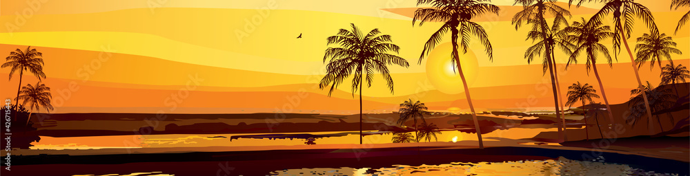 Vector travel banner with tropical landscape at sunset or sunrise. Silhouettes of palm trees against the background of the sky and the calm sea. Romantic summer illustration